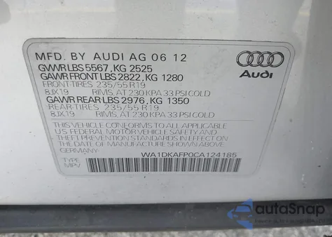 2012 Audi Q5 3.2 Premium Plus from USA, damaged, VIN WA1DKAFP0CA124185